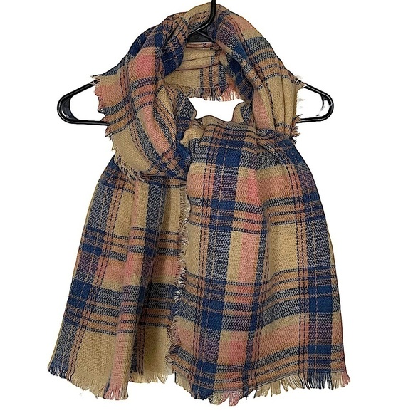 𝅺NAVY, Pink and Tan Rectangular Plaid Scarf or Wrap - Picture 1 of 4